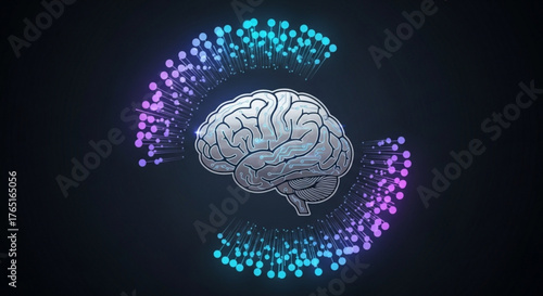 Stylized brain surrounded by glowing particles, representing the power of human intellect and the potential of scientific discovery in a digital age