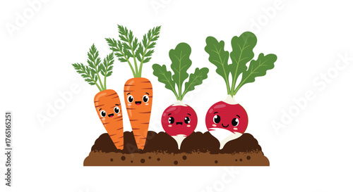 Cute Cartoon Carrots and Radishes Growing in Soil.