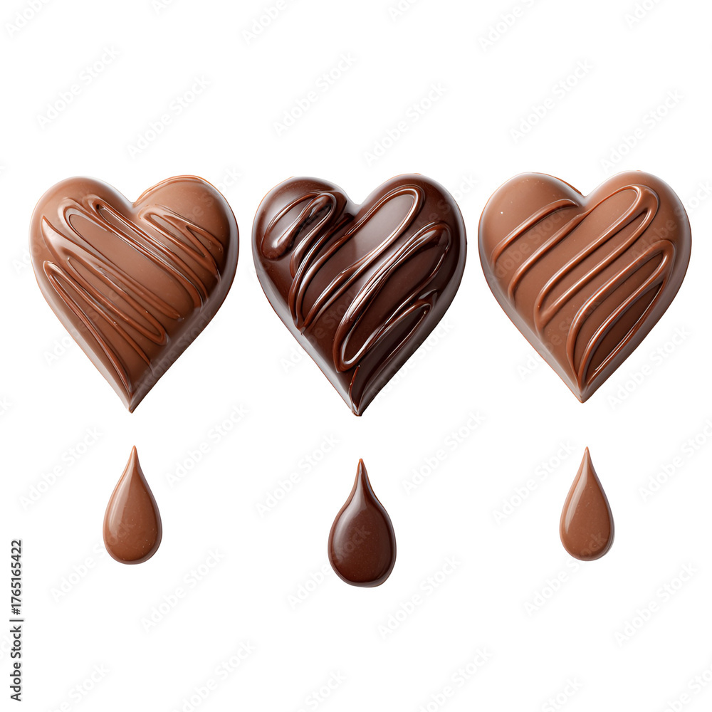 Fototapeta premium Three heart shaped chocolates dripping delicious chocolate on black background