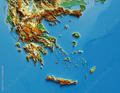 3D shaded relief map of Greece, showing mountains, islands, and surrounding sea