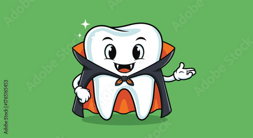 Cartoon Tooth Dressed as Vampire for Halloween Dental Health.