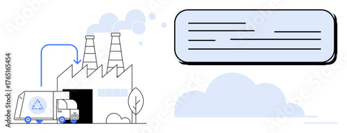 Recycling truck enters a factory as emissions rise from chimneys surrounded by trees and clouds. Ideal for sustainability, environment, recycling, pollution, industry, logistics, waste reduction