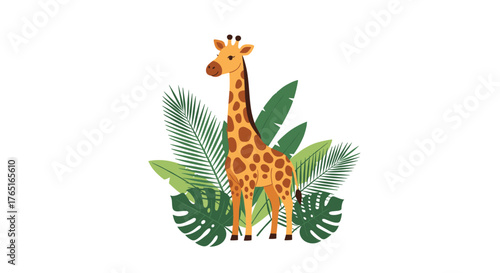 Cute giraffe standing among tropical leaves in a vibrant jungle setting.