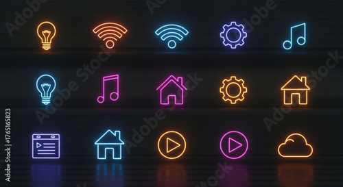 A set of glowing neon icons representing various functions and settings, including a lightbulb, wifi signal, gear, music note, home, play button, and cloud