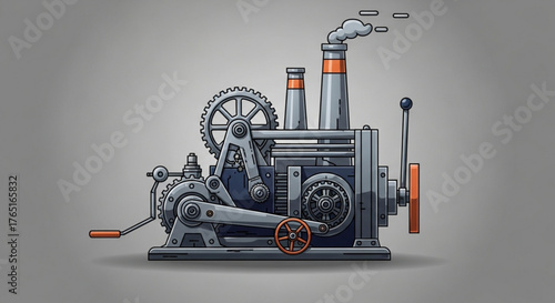 A detailed cartoon illustration of a vintage machine with gears, pipes, and levers, reminiscent of steampunk or industrial era technology