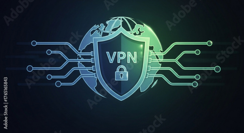 Vpn network security concept with shield and globe, symbolizing secure internet connection and data protection against cyber threats