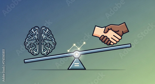 A balanced depiction of artificial intelligence and human collaboration, showcasing the harmony between technology and interpersonal skills on a scale