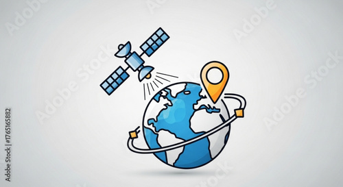 Satellite orbiting earth with location pin, representing global positioning and communication technology