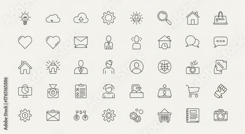 Collection of thin line icons representing various concepts, including business, technology, communication, and social media elements on