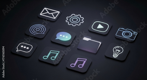 Collection of glowing app icons on a dark background, featuring symbols for settings, email, camera, lightbulb, music, and more for digital interface