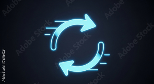 Glowing neon arrows in a circular motion against a dark background, representing synchronization, refresh, and continuous process