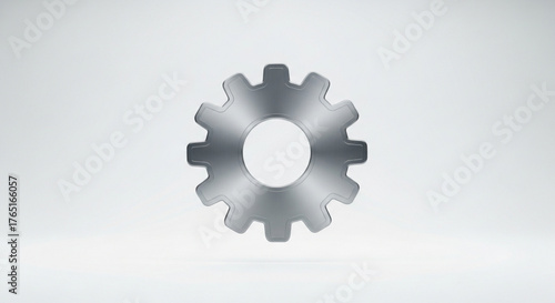 A shiny silver gear floating in front of a the gear has a hole in the center and is made of metal