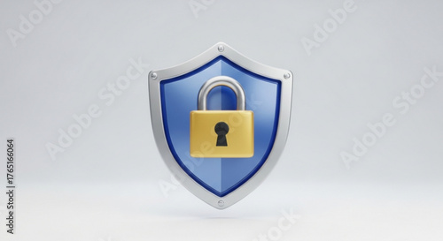 A blue shield with a gold padlock in the center the shield has a silver border and the padlock is closed