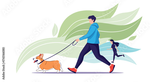 Young man walking his adorable corgi dog on a leash outdoors.