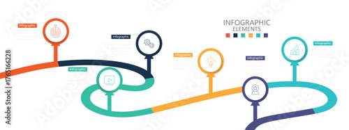 Infographic template for business. 6 Steps Modern Timeline diagram with road journey concept, presentation vector infographic. Vector illustration.