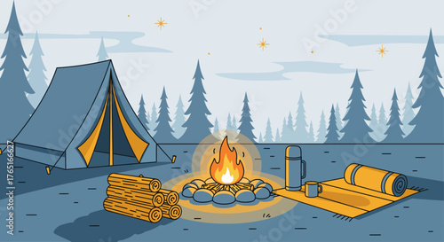 Vintage Camping Scene, Retro Illustration of a Cozy Night in Nature, Featuring a Warm Campfire, Tent, and Starry Sky for Outdoor Adventure and Relaxation
