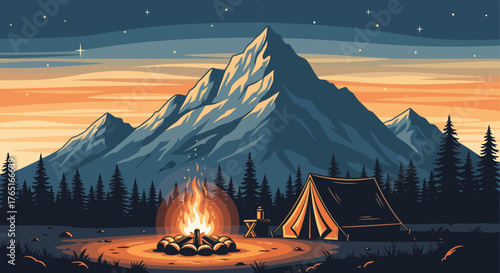 Vintage Camping Scene, Retro Cozy Campfire under Majestic Mountains