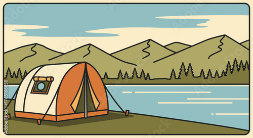 A serene Retro illustration of a Vintage Camping Scene with a tent by a peaceful lake, set against a backdrop of majestic mountains and forest