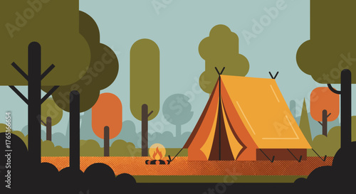 A vintage camping scene in a forest, retro illustration with tent and campfire