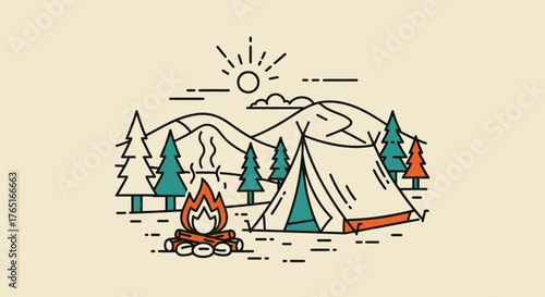 Vintage Camping Scene, Retro Illustration Explore the Outdoors with this Nature-Themed Icon for Adventure and Travel