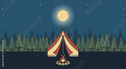 Vintage Camping Scene, Retro Tent and Campfire Under the Moonlight A Nostalgic Outdoor Adventure