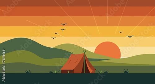 Vintage Camping Scene, Retro Vibes Sunrise Over a Solitary Tent in a Serene Landscape
