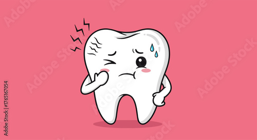 Cartoon tooth suffering from pain and discomfort with sad expression.