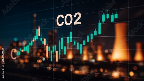 interface overlay on an image of a power station, showing a real time graph of CO2 emissions being rapidly reduced to zero, green data lines, abstract technology grid background, high tech visualizati