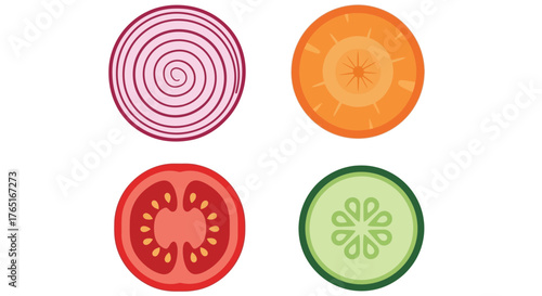 Four sliced vegetables arranged in a square: red onion, carrot, tomato, and cucumber, all in a flat, graphic style.