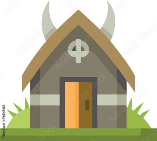 Viking House Traditional Norse Dwelling Illustration Horned Roof Design Medieval Architecture