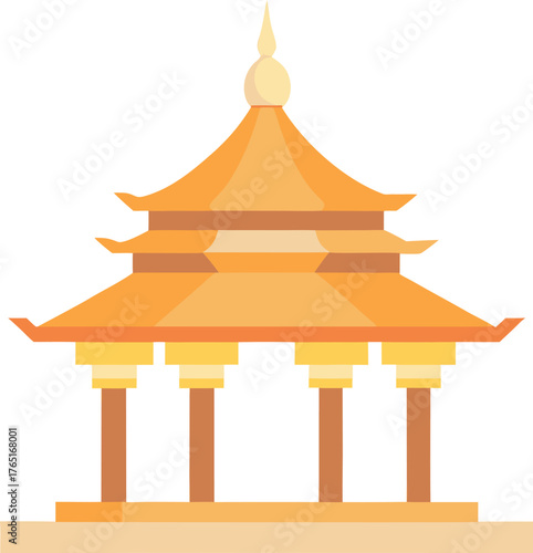 Traditional East Asian Pavilion Temple Illustration Golden Roof Pillars Minimalist Flat Style Building Vector Graphic