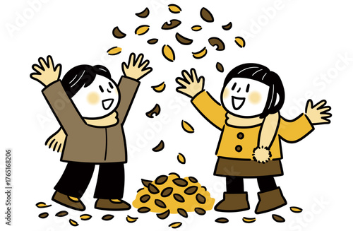 Children playing with autumn leaves / 落ち葉を投げて遊ぶ子供たち