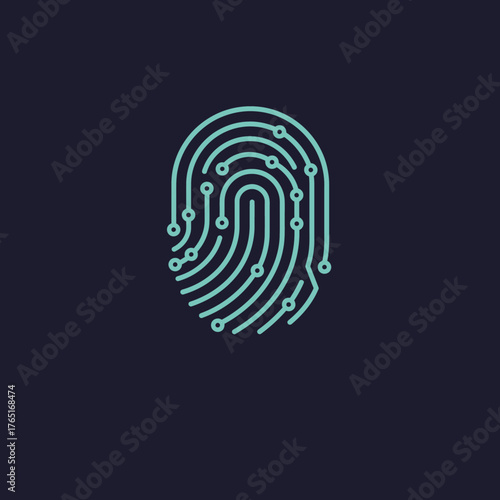 A digital fingerprint illustration with circuit board lines represents security, technology, and biometric identification on a dark background.