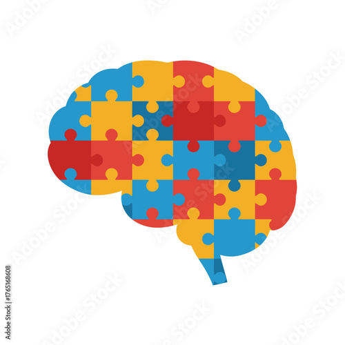 A colorful brain puzzle illustration representing intelligence, problem-solving, and cognitive function, isolated on a white background.