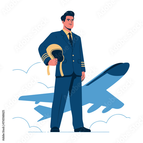 Male pilot in uniform stands arms crossed in front of airplane aircraft.