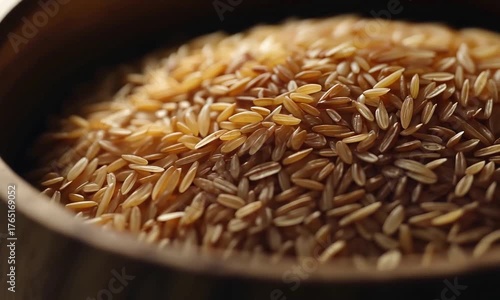 Close up of raw brown rice grains in a wooden bowl, healthy food concept.