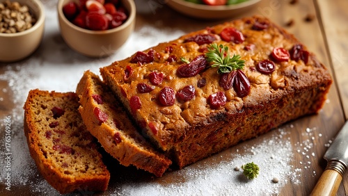 A delicious loaf of fruit bread, adorned with cranberries and herbs, served on a wooden board with scattered flour and bowls of ingredients in the background.