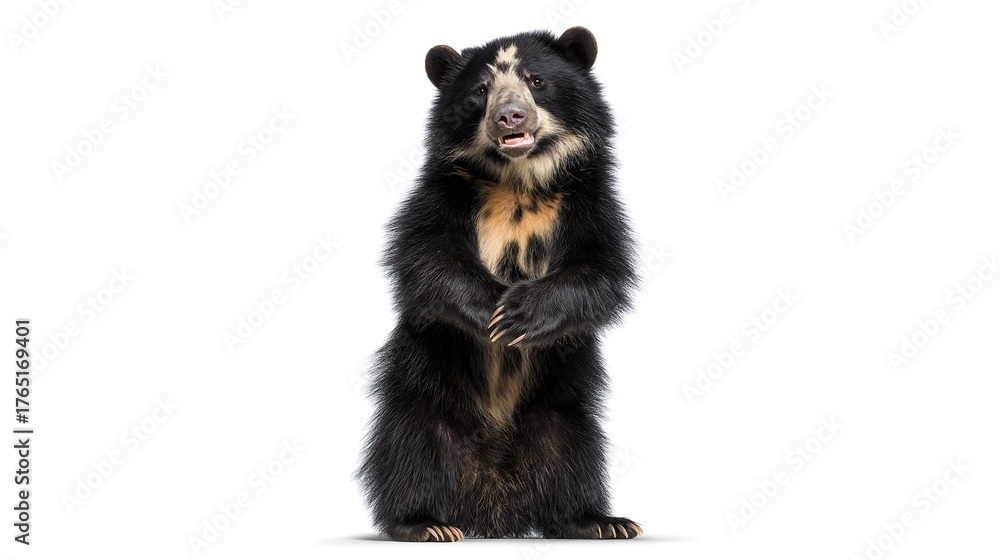 Fototapeta premium Spectacled bear, Tremarctos ornatus standing upright and smiling, isolated on white, cute wildlife