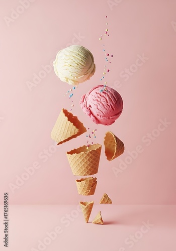 Infographic design of ice cream with colorful sprinkles. Minimal summer background. Food deconstructed food styling concept.