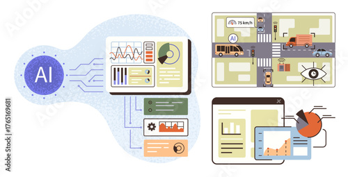 AI analyzing traffic patterns, road monitoring, dashboard visuals, and charts. Ideal for technology, automation, analytics, transportation smart cities future planning big data. Simple flat