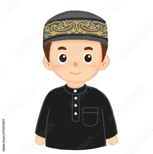 Cute Muslim boy wearing a traditional cap and black outfit, illustration