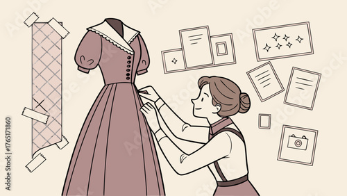 Costume designer fitting historical-inspired dress on mannequin with sketches and vintage fabrics 