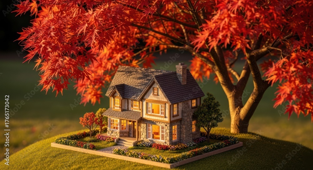 Naklejka premium Quaint house nestled under a vibrant red maple tree, set on a small grassy hill.