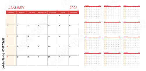 2026 Calendar Printable with sunday start .Red desk calendar design template, 12 month corporate table calendar design, ideal for organizing schedules, events, and appointments throughout the year.