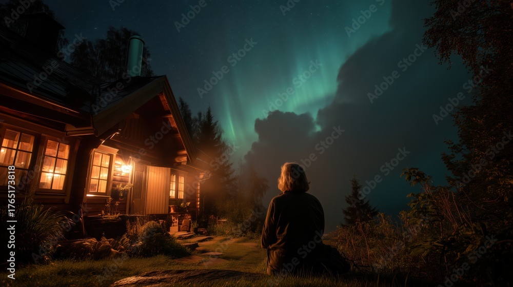 Fototapeta premium Woman watches Northern Lights over illuminated rustic cabin at n