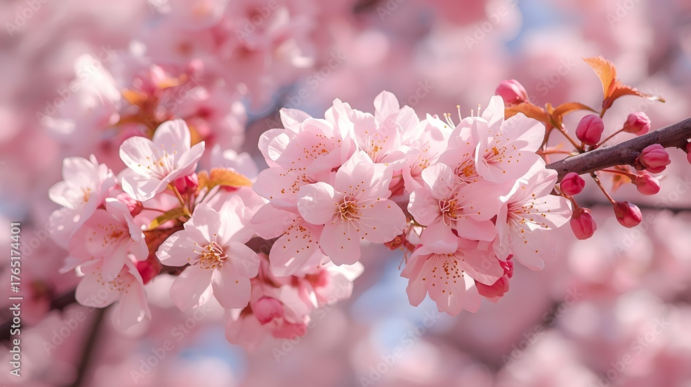 Naklejka premium Beautiful flor de cerezo (cherry blossom) branches in full bloom, soft pink petals and delicate details