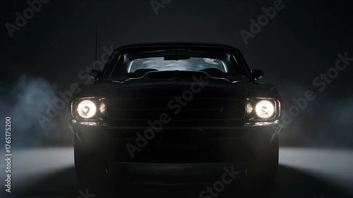 Black vintage car with headlights on, emerging from darkness, surrounded by smoke/fog