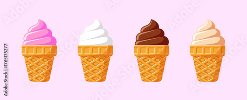 Delicious ice cream set. Sweet frozen dessert in a waffle cone. Perfect for summer menus, dessert illustrations, or food-related designs.