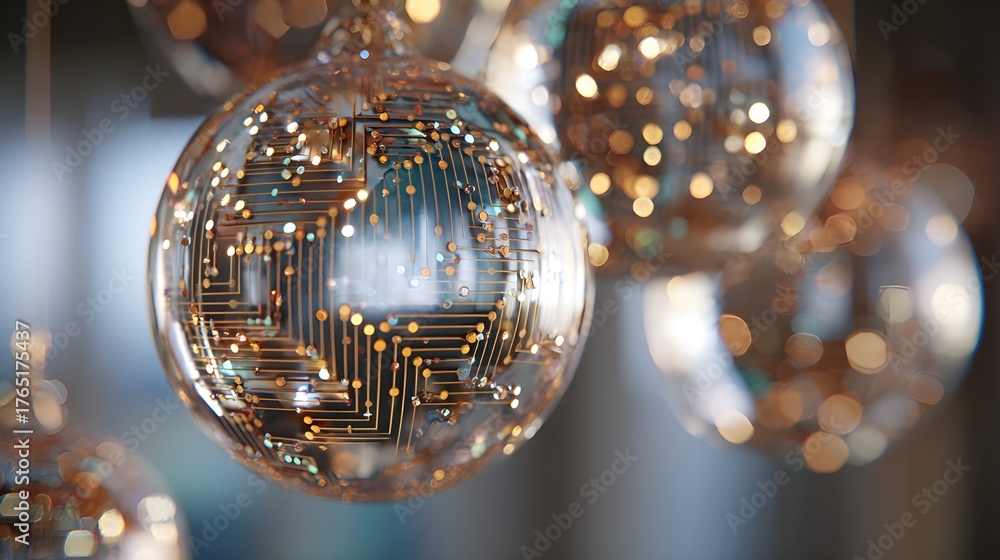 Fototapeta premium Hanging Transparent Christmas Baubles with Golden Microchip Circuitry Pattern