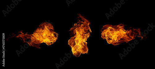 Realistic orange fire flames isolated on black background, showing detailed burning motion and heat energy. Ideal for visual effects, design projects or advertising needing a strong power and energy.